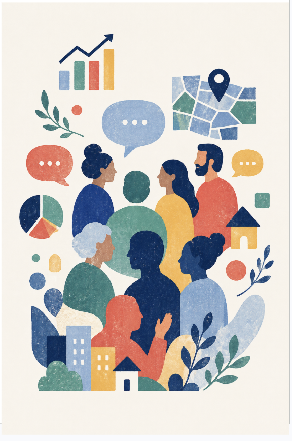 Illustrated community of diverse residents surrounded by data, housing and conversation symbols